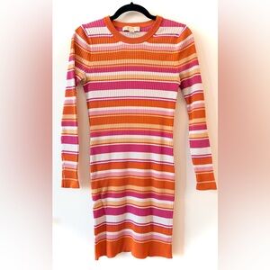 Michael Kors Striped Orange and Pink Stretch Long Sleeve Dress | Size Medium